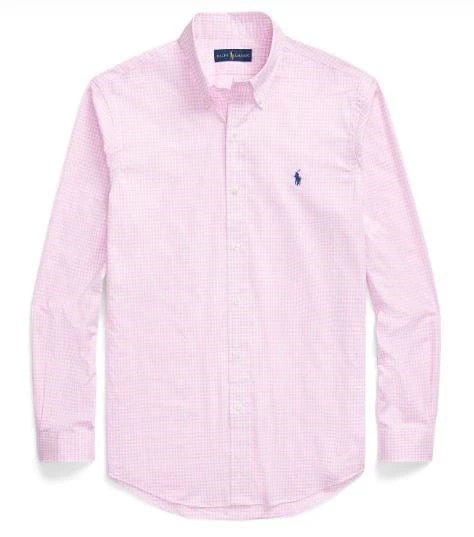 Ralph Lauren Mens Custom Fit Plaid Stretch Poplin Shirt - Pink Check 1 Ralph Lauren Mens Custom Fit Plaid Stretch Poplin Shirt - Pink Check